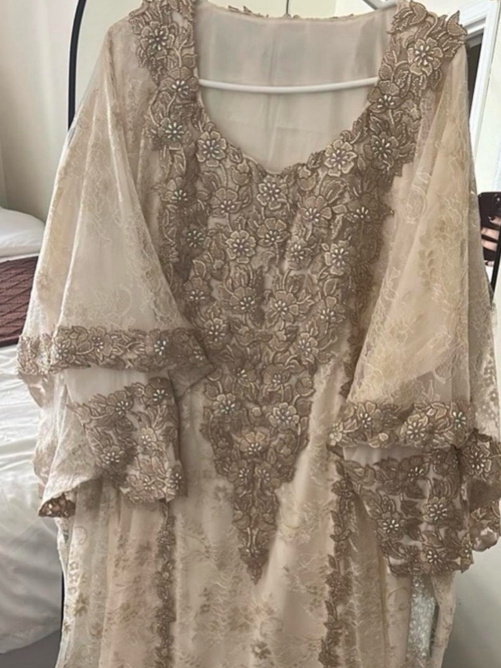 Embroidered Lace Kaftan Dress in Champagne